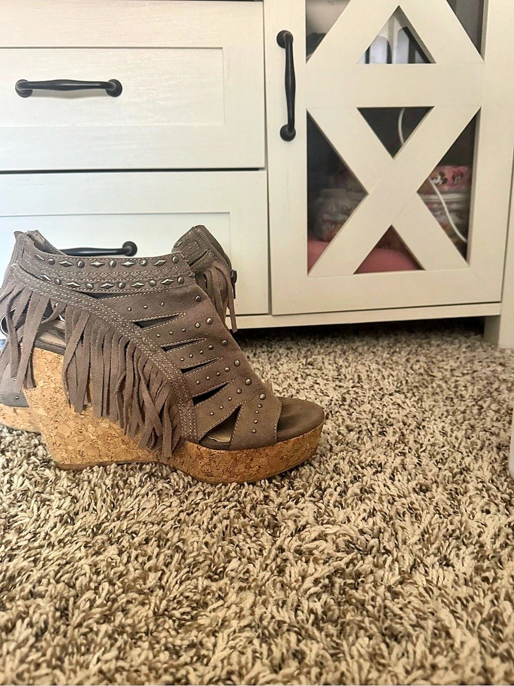 Women's Fringe Studded Wedge Sandals Brown US 9.5